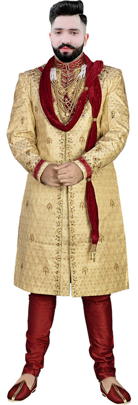 DIAMON DIAMON STYLEZ Golden Sherwani Set with Maroon Pajama & Dupatta | Wedding & Reception Wear Embroidered Sherwani - Flipkart Deal