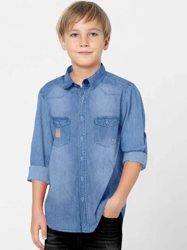FABFARM Boys Washed Casual Blue Shirt