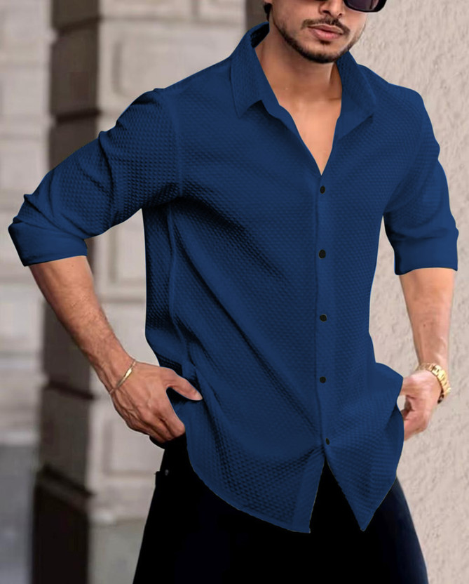 JACKBELLA Men Self Design Casual Blue Shirt