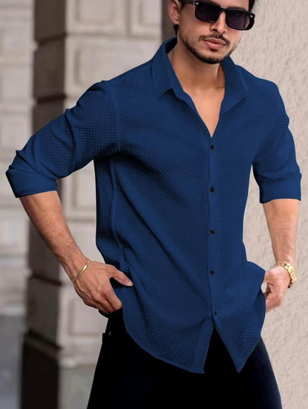 JACKBELLA Men Self Design Casual Blue Shirt