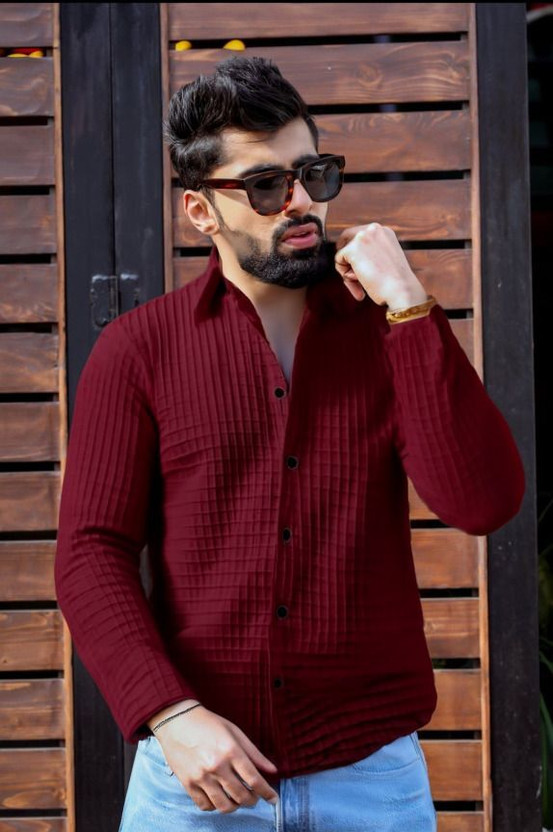 SHIVNSH CREATIVE Men Self Design Casual Maroon Shirt