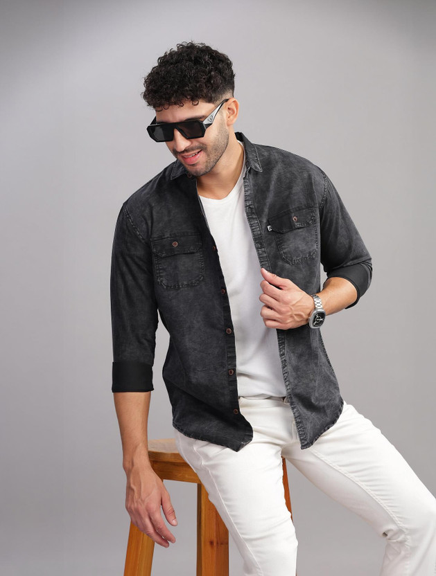 AIDAN PAUL Men Washed Casual Black Shirt