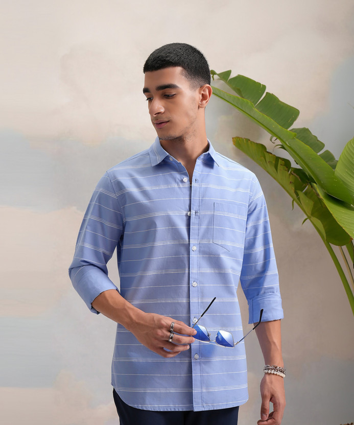 HIGHLANDER Men Striped Formal Light Blue, White Shirt