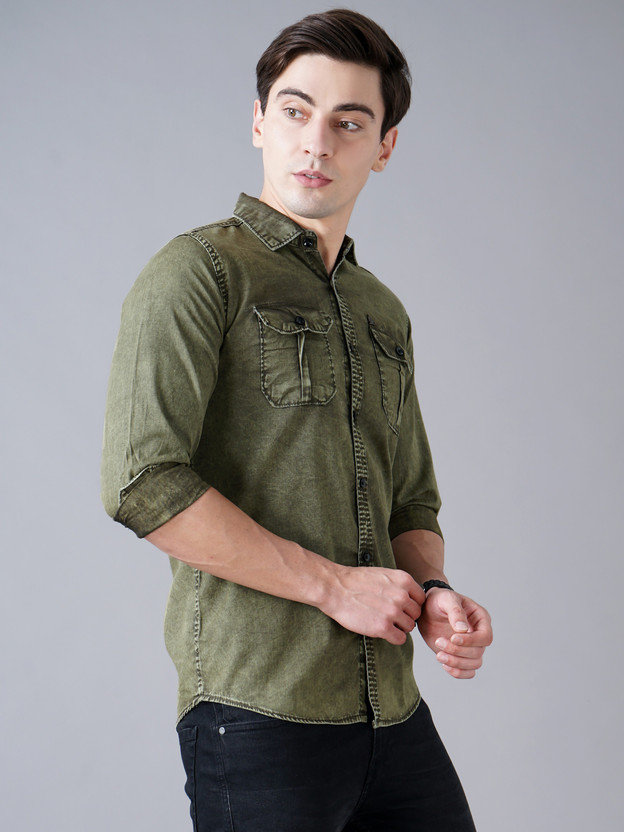 olive green denim shirt