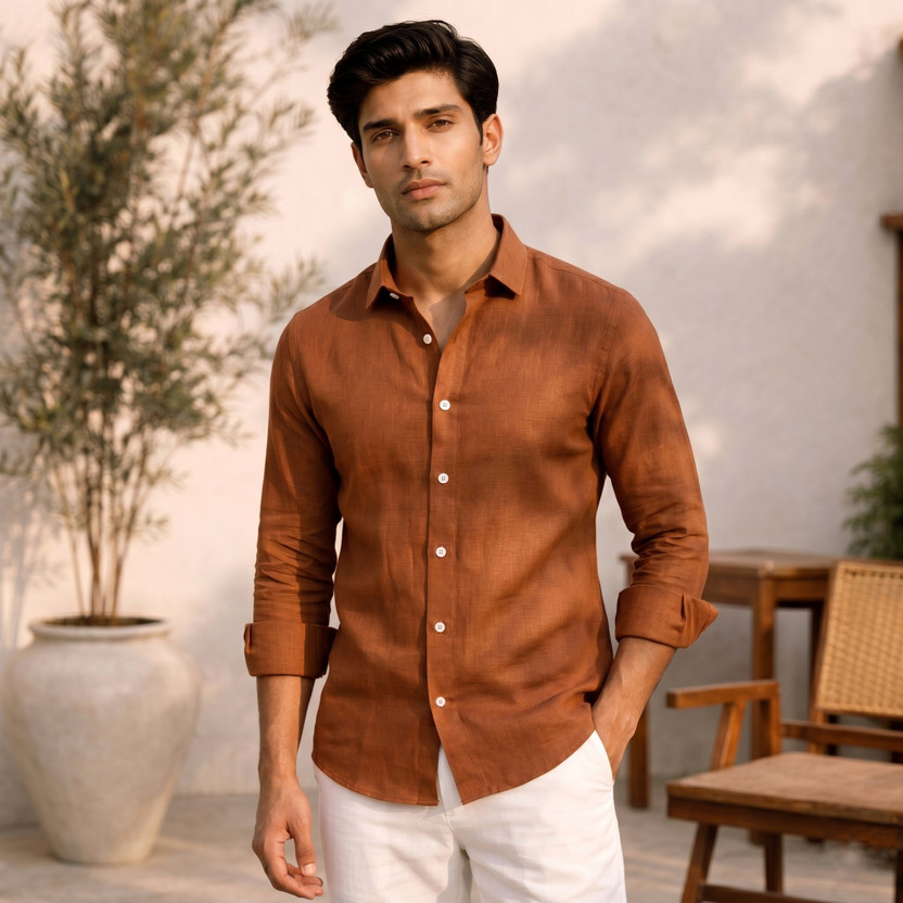 VIBRASA Men Solid Casual Brown Shirt