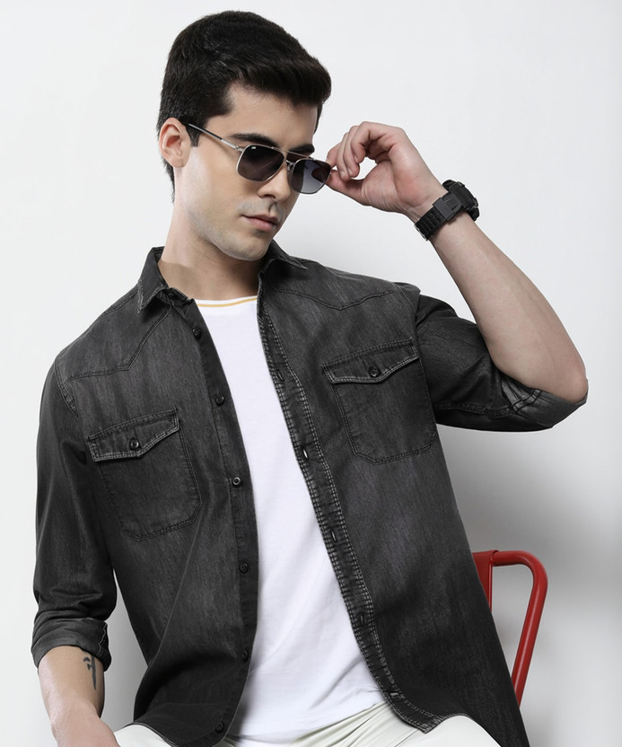 The Indian Garage Co. Men Washed Casual Black Shirt