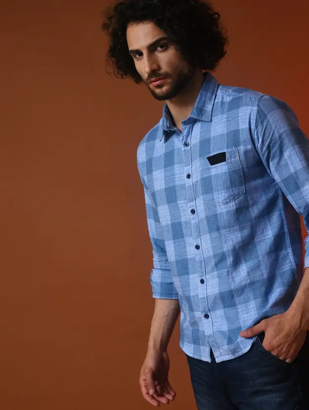 CAMPUS SUTRA Men Checkered Casual Blue, Light Blue Shirt