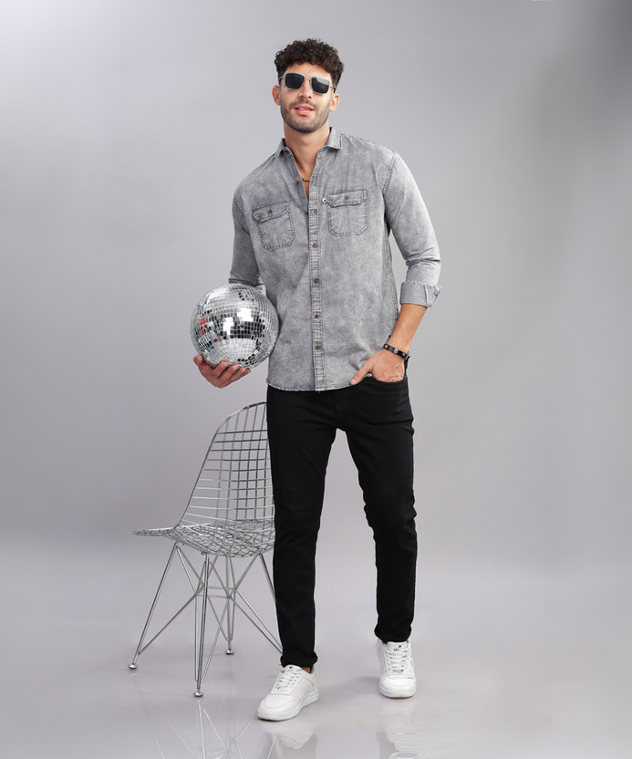 AIDAN PAUL Men Washed Casual Grey Shirt