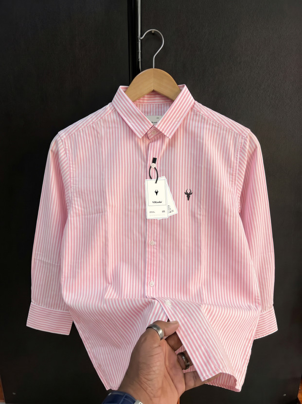 VD Looks Men Striped Casual Pink Shirt