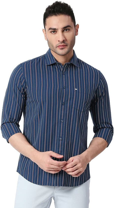 BASICS Men Striped Casual Blue Shirt
