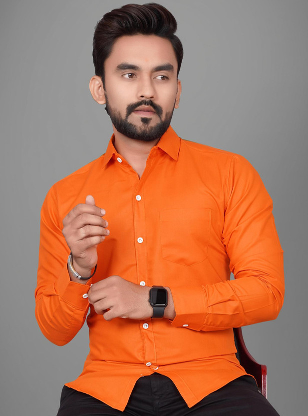 Voroxy Men Solid Casual Orange Shirt