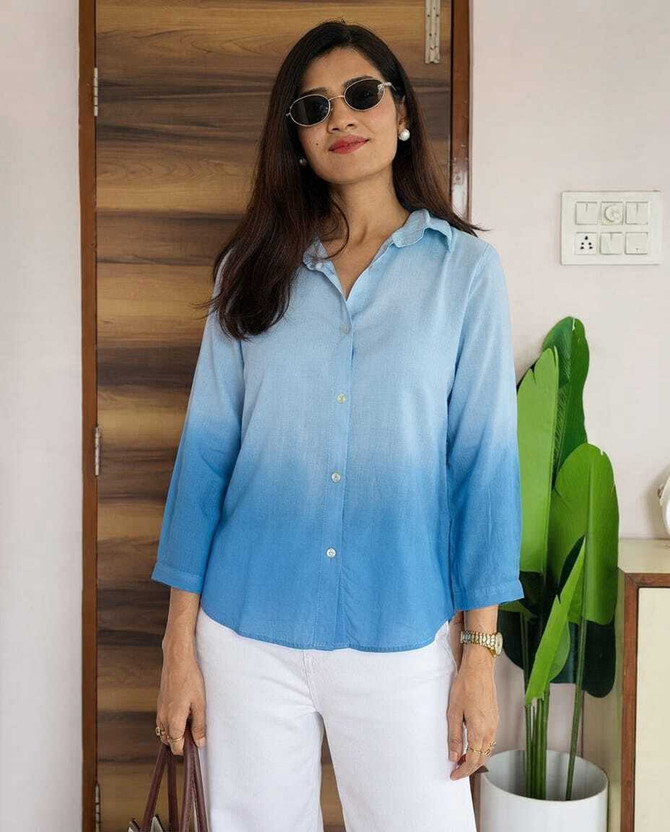 AAC Women Solid Casual Blue Shirt