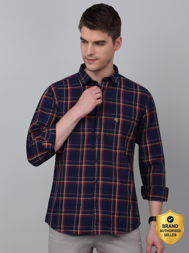 CANTABIL Men Checkered Casual Dark Blue Shirt