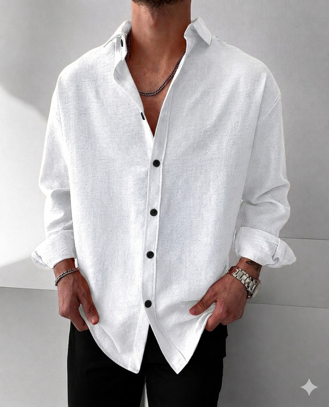 JACKBELLA Men Self Design, Solid Casual White Shirt