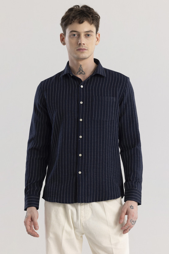 Snitch Men Striped Casual Blue Shirt