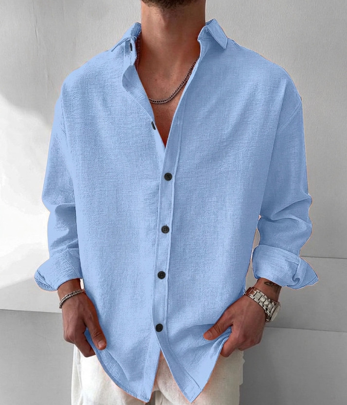 JACKBELLA Men Self Design, Solid Casual Light Blue Shirt