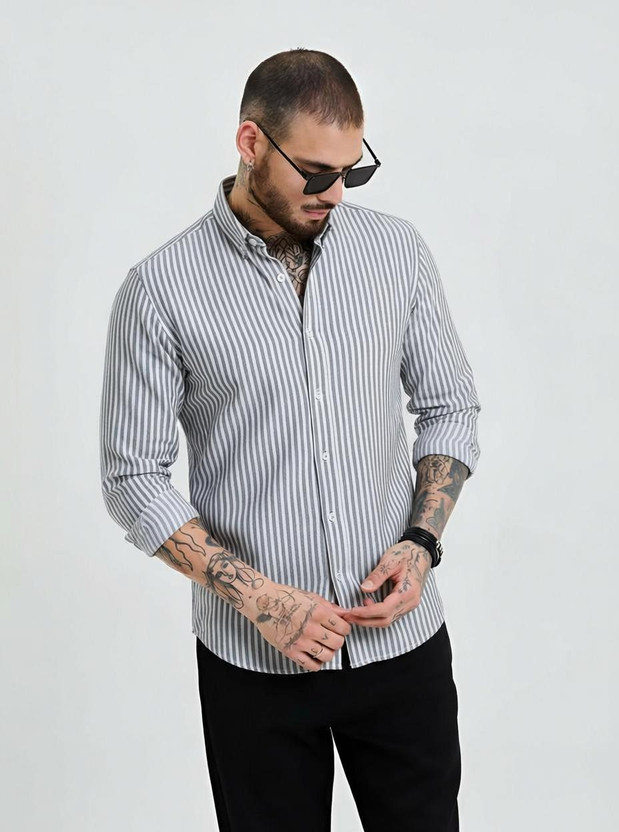 RODEIZ Men Striped Casual Grey Shirt