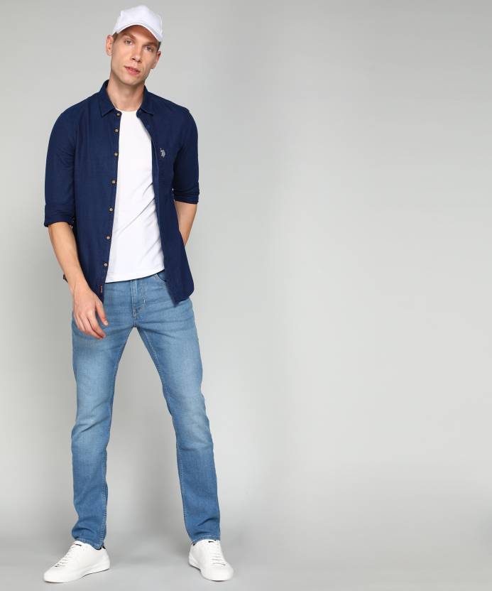 Dark blue shirt matching blue pant/jeans outfit combination idea