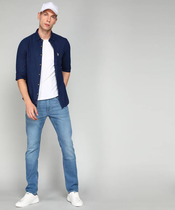 Dark blue shirt matching blue pant/jeans outfit combination idea