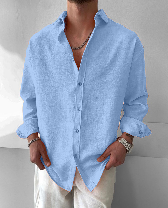 JACKBELLA Men Self Design Casual Light Blue Shirt