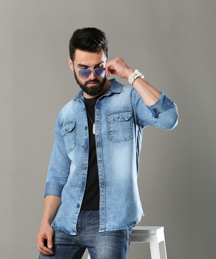 Carbonn Cloth Men Washed Casual Blue Shirt
