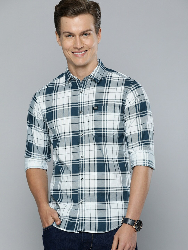 The Indian Garage Co. Men Checkered Casual White, Blue Shirt
