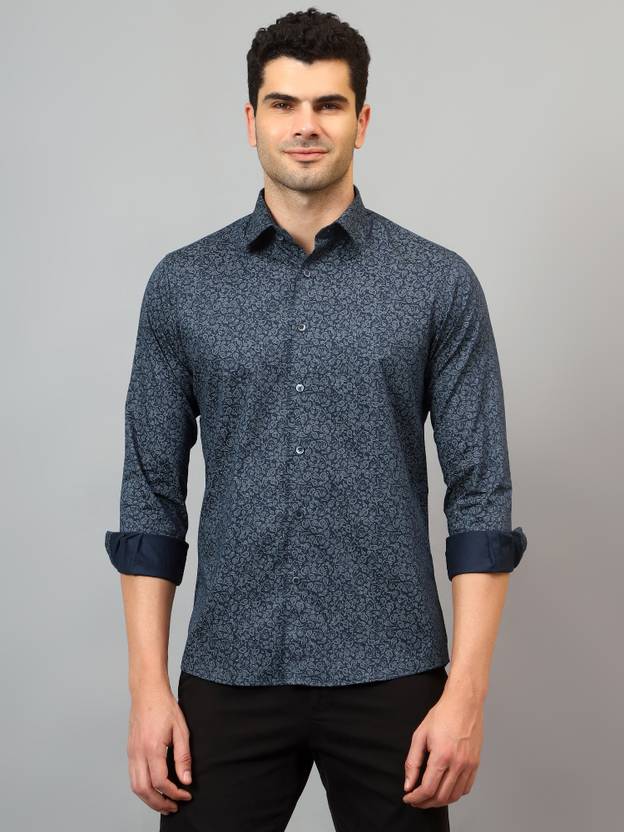 cantabil men printed party dark blue shirt