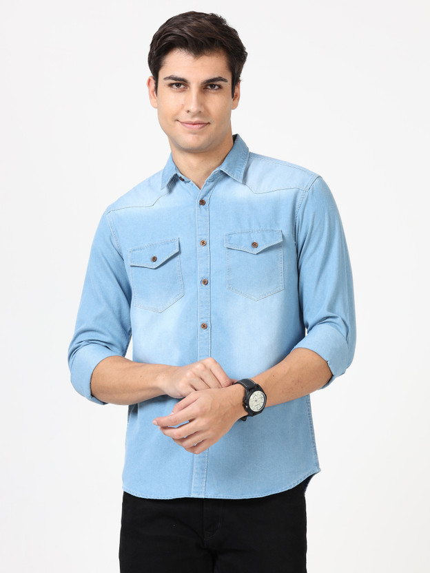 SQIN Men Self Design Casual Blue Shirt