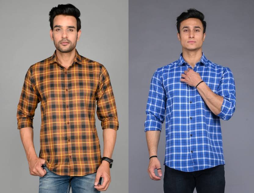 Men Slim Fit Checkered Spread Collar Casual Shirt - Pack of 2