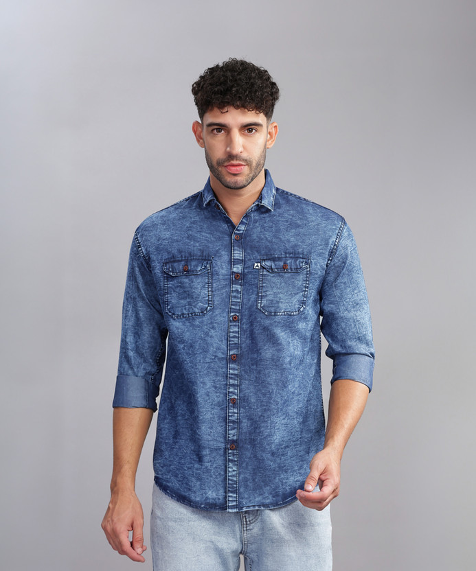 AIDAN PAUL Men Washed Casual Blue Shirt