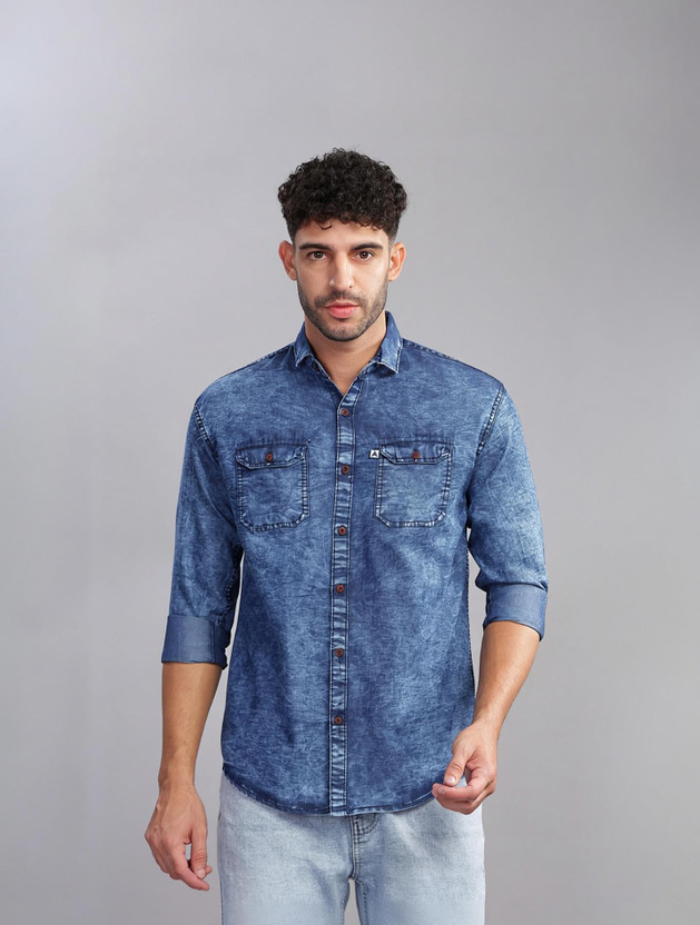 AIDAN PAUL Men Washed Casual Blue Shirt