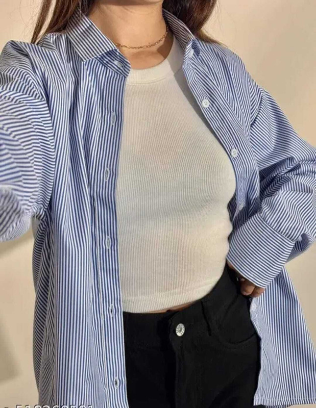 TIGERSNAKE Women Striped Casual Blue, White Shirt