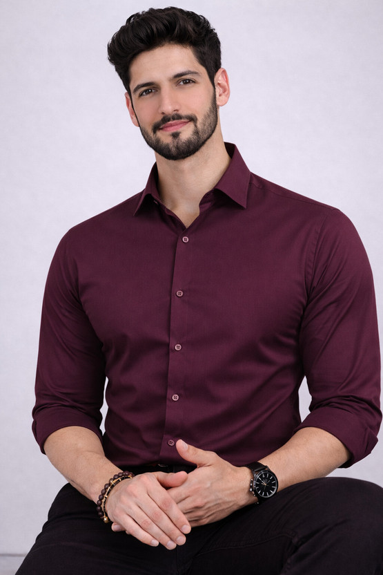RAFSON Men Solid Formal Maroon Shirt