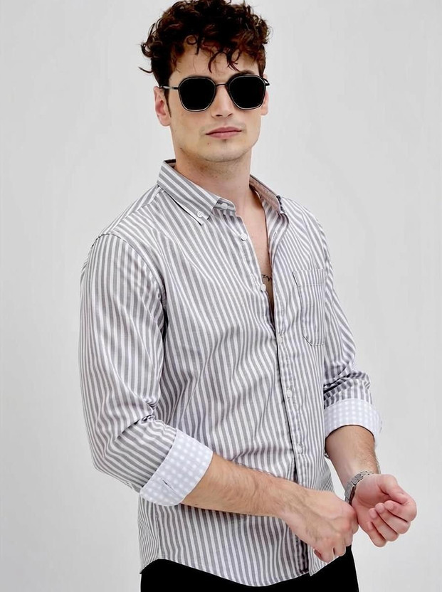 RODEIZ Men Striped Casual Grey, White Shirt