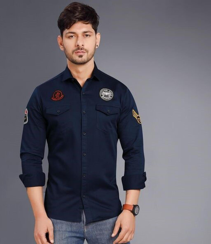 KK FASHION Men Applique Casual Blue