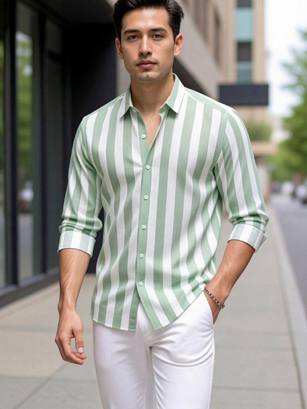 DOMINATE LIFESTYLE Men Striped Casual Light Green Shirt