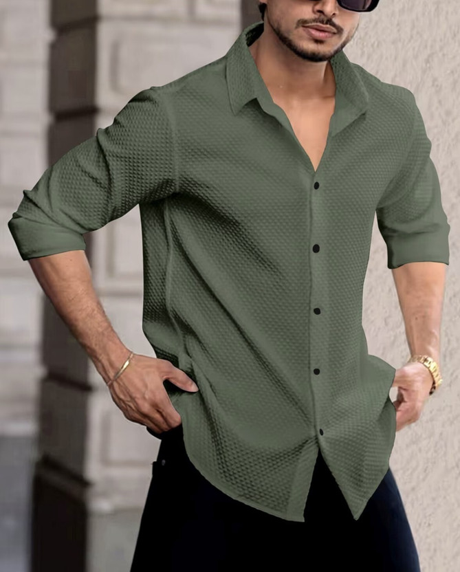JACKBELLA Men Self Design Casual Green Shirt