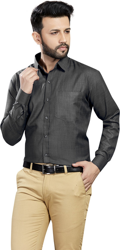 gray shirt and khaki pants