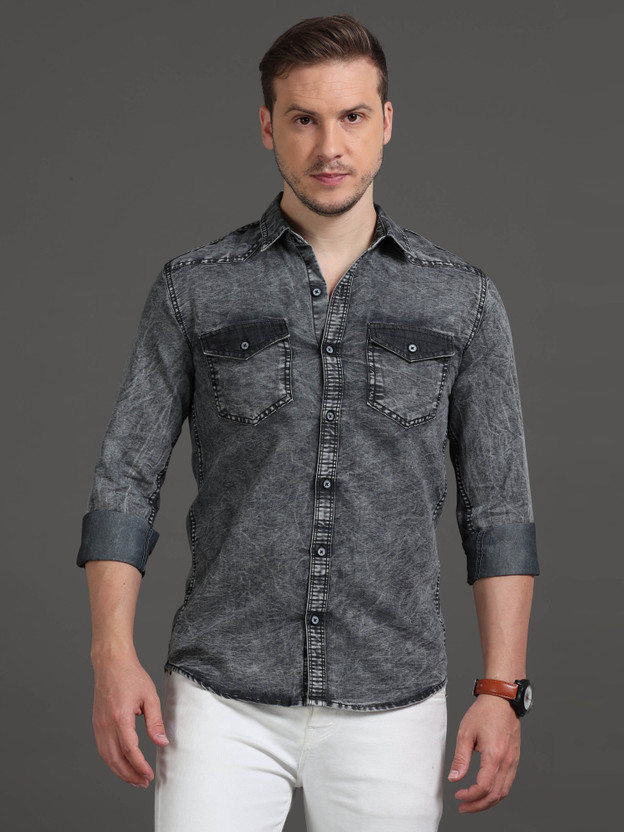 PRINTOUT Men Solid, Dyed/Ombre Casual Grey Shirt