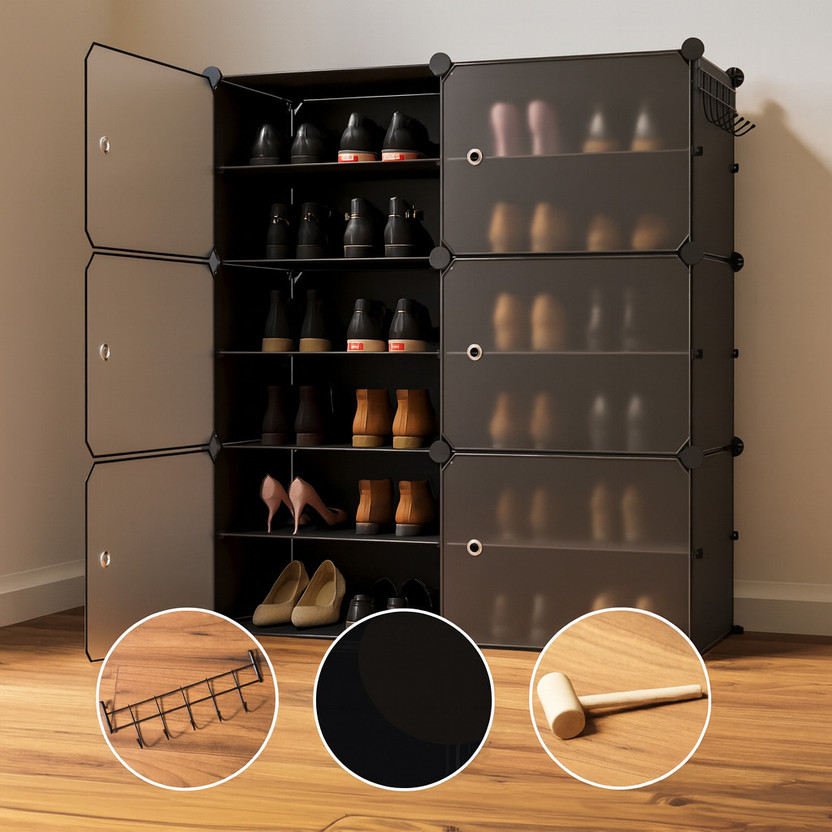 Sasimo 12-Shelf-6-Door Plastic Cubort Shoe Rack Plastic Collapsible Shoe Stand(Black, 12 Shelves, DIY(Do-It-Yourself))