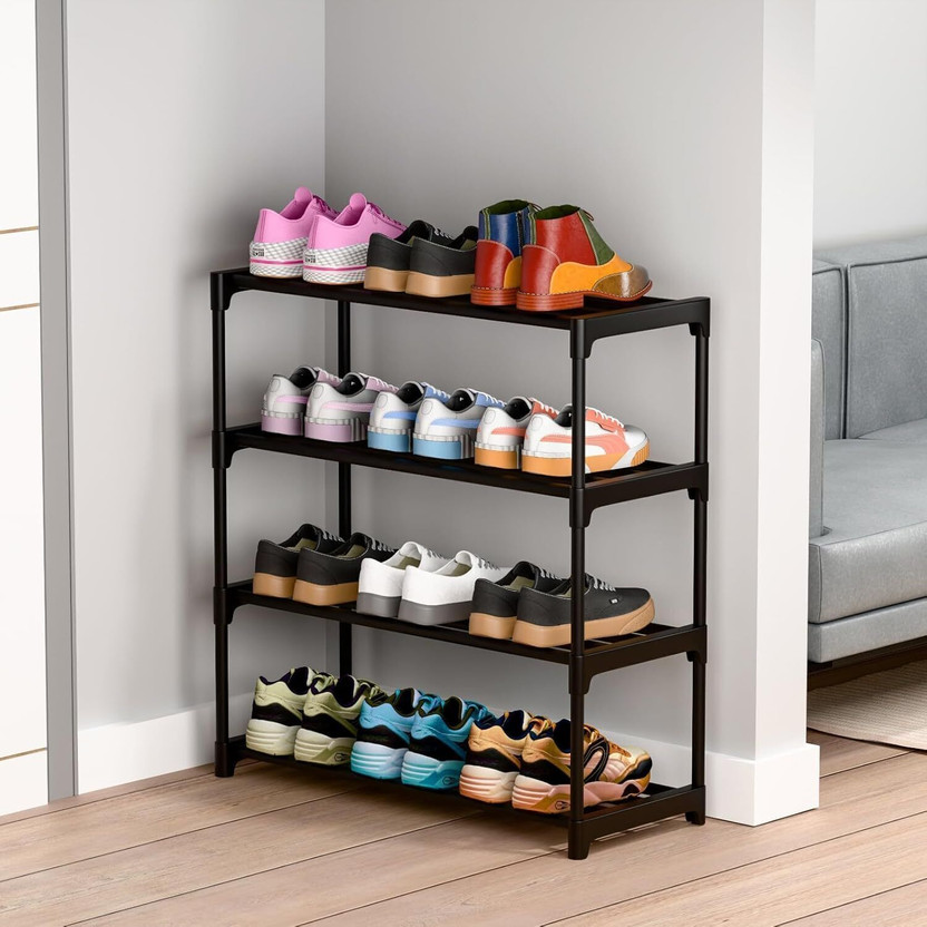 FurniGully 5 Layer Shoe Stand For Home Durable and Multipurpose Shoe Rack Plastic Collapsible Shoe Stand(Black, 4 Shelves, DIY(Do-It-Yourself))