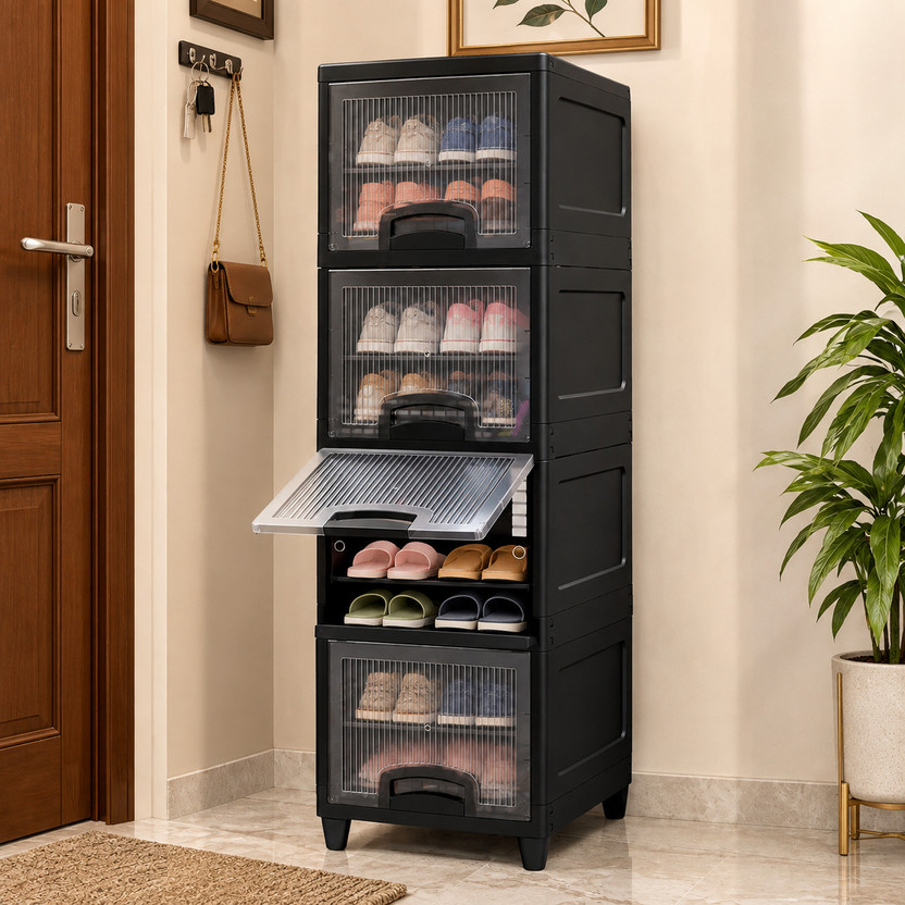 Palkolink Plastic Collapsible Shoe Stand(Black - Transperant, 4 Shelves, DIY(Do-It-Yourself))