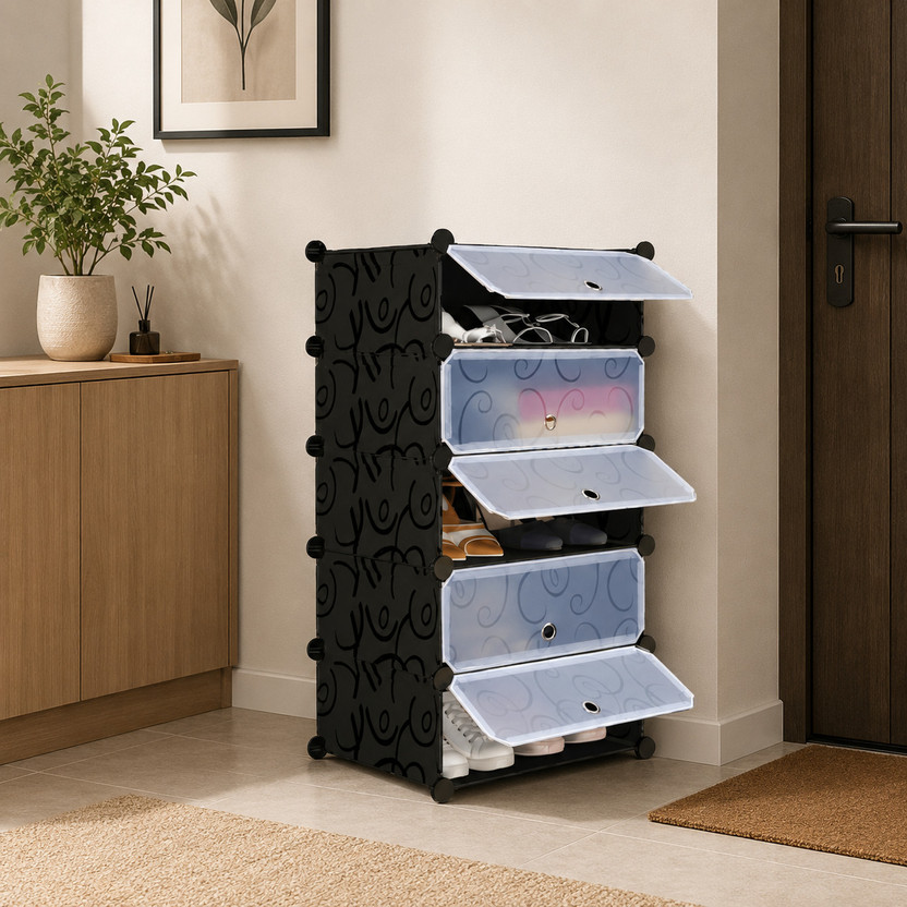 LixaH LixaH 5 Tier Foldable Plastic Shoe Cabinet with Flip Doors Space Saving Organizer Plastic Shoe Rack(Black, 5 Shelves, DIY(Do-It-Yourself)) - Flipkart Deal