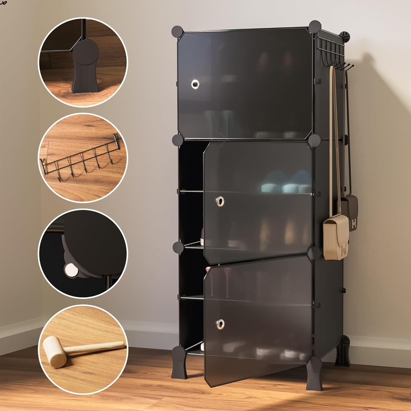 Sasimo 6-Shelf-3-Door Plastic Cubort Shoe Rack Plastic Collapsible Shoe Stand(Black, 6 Shelves, DIY(Do-It-Yourself))