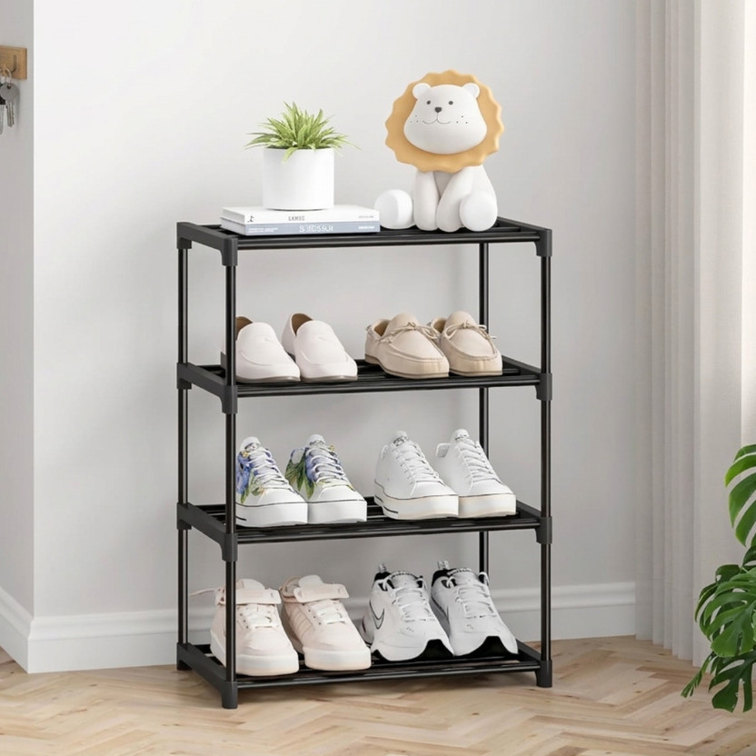 NextZen All-in-One Multipurpose Storage Rack for Shoe, Cloth & Book Plastic Collapsible Shoe Stand(Black Pipe, 4 Shelves, DIY(Do-It-Yourself))