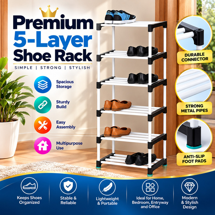 RKE 6 Layer Black Pipe Multi Purpose Plastic Shoe Stand(black_aND_GRAy, 5 Shelves, DIY(Do-It-Yourself))