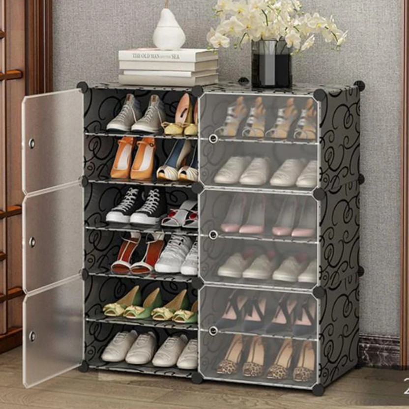 Sasimo 12-Shelf-6-Door Plastic Cubort Shoe Rack Plastic Collapsible Shoe Stand(Black,White, 12 Shelves, DIY(Do-It-Yourself))