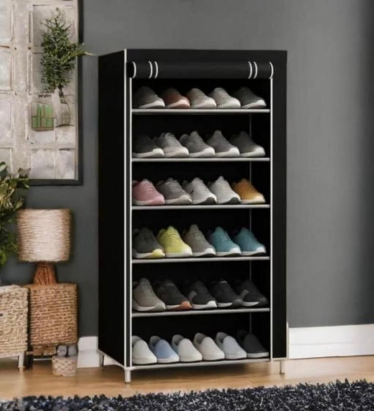 Jaya Store Foldable 6-Layer Shoe Rack with Cover | Dustproof & Portable Plastic Shoe Stand(Black, 6 Shelves, DIY(Do-It-Yourself))