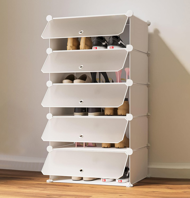 CITRODA Shoe Rack Shoe Stand DIY Plastic Shoerack Portable Storage Shoes Organizer 5 Cube Shoe Wardrobe Plastic Collapsible Shoe Stand with Cover for Home/Office Wardrobe Cube Organizer Plastic Collapsible Shoe Stand(White, 5 Shelves, DIY(Do-It-Yourself))