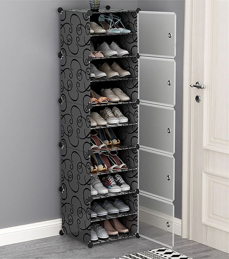 Sasimo 5 Door 10 Shelf Plastic Metal Plastic Collapsible Shoe Stand(Black, 5 Shelves, DIY(Do-It-Yourself))